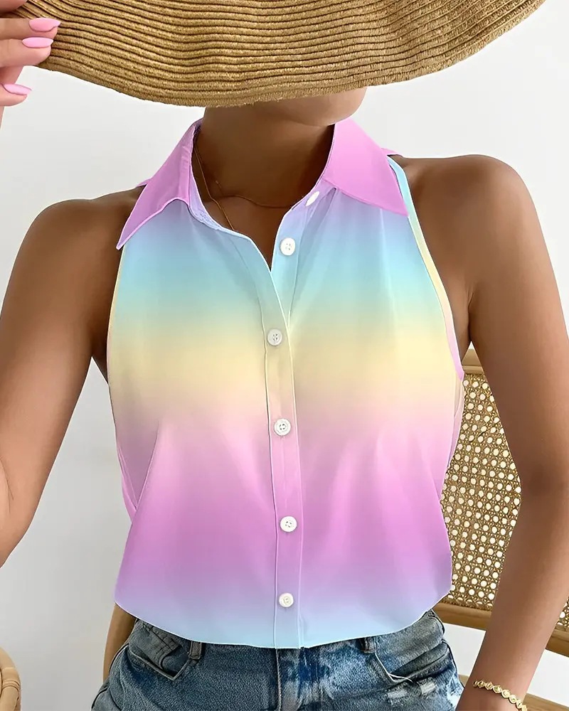 Summer Casual Fashion Shoulder baring Sleeveless Abstract Printing Women's Shirt Tie Dye L - Shop at LoveMi