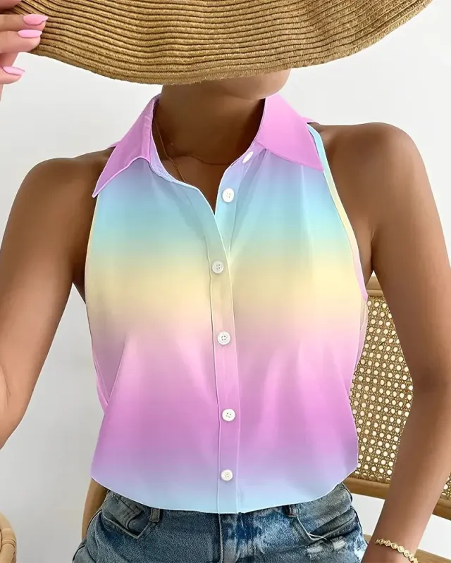 Summer Casual Fashion Shoulder baring Sleeveless Abstract Printing Women's Shirt Tie Dye L - Shop at LoveMi