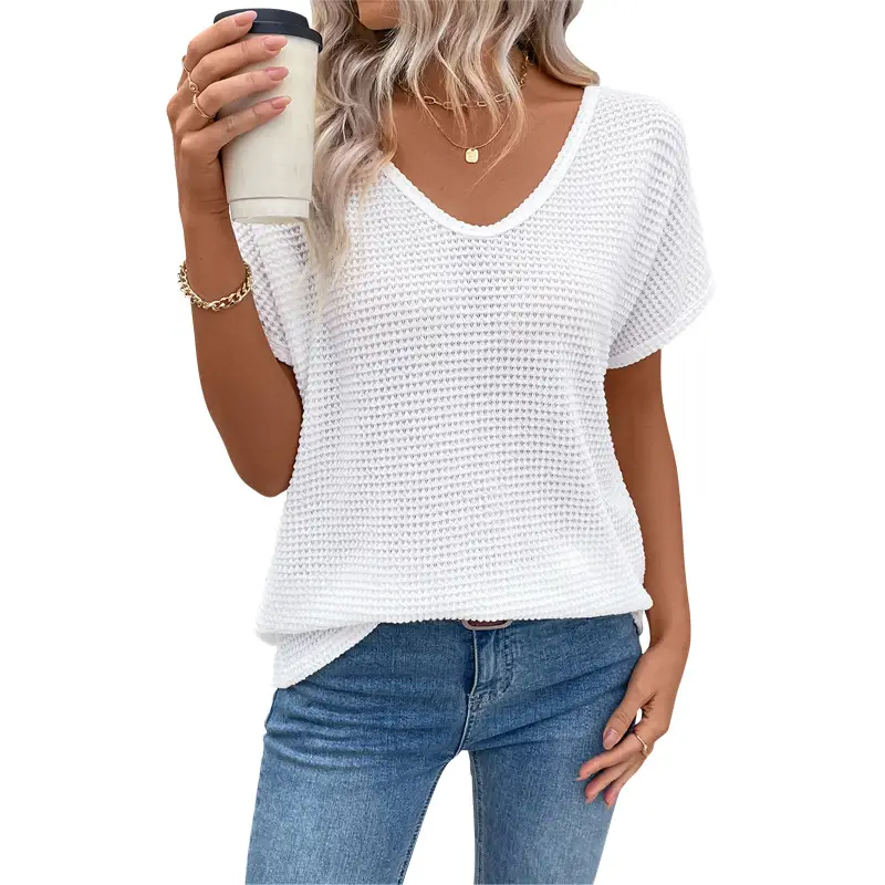 Women's European And American Leisure V-neck Short-sleeved Hollow-out White T-shirt
