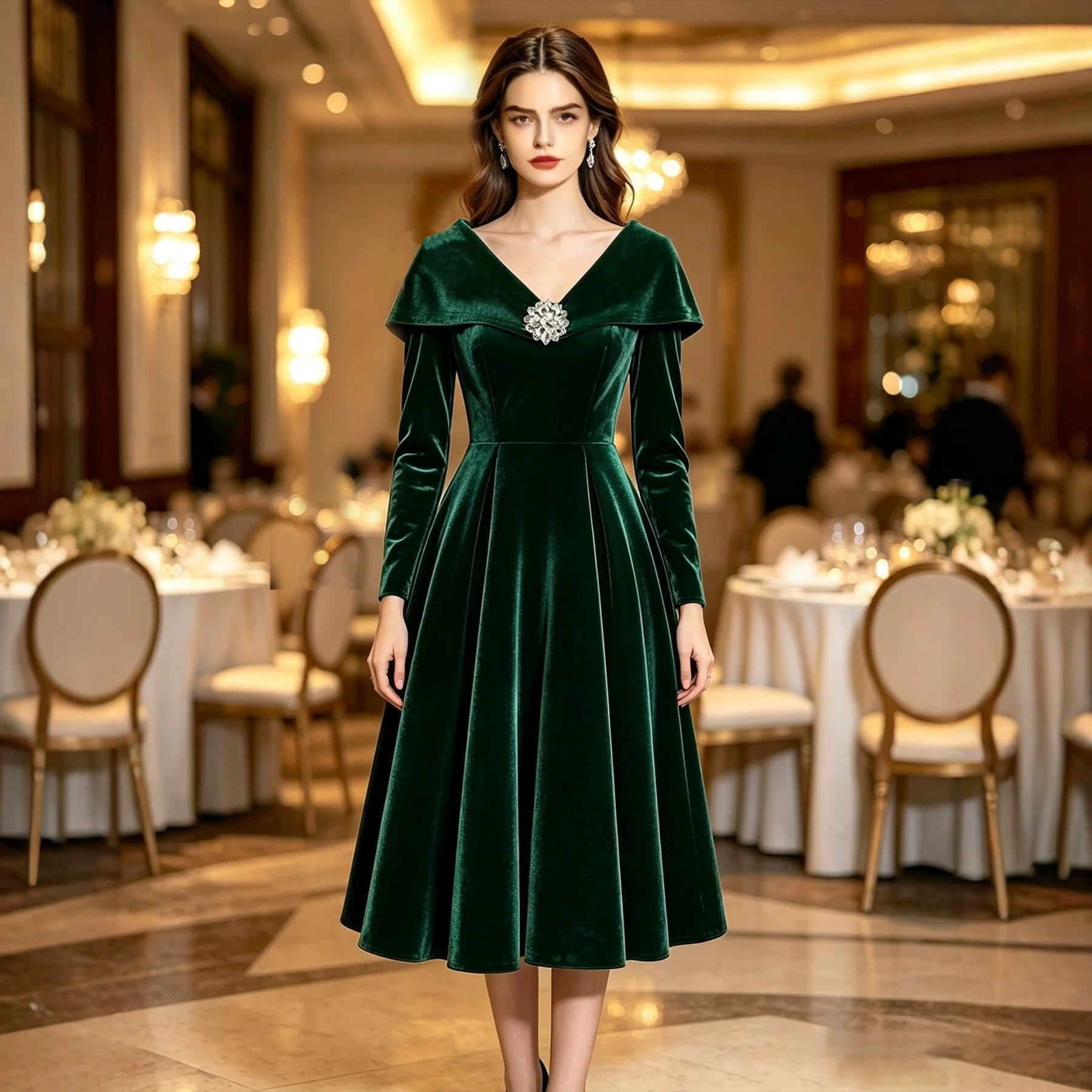 Women's Solid-color Long-sleeve V-neck Rhinestone Dress With A Lapel Collar
