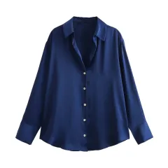 All-match Silk Satin Texture Draping Long-sleeved Shirt For Women - Dark Blue - View 1