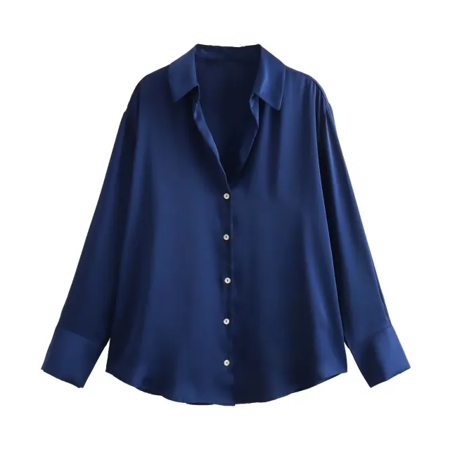 All match Silk Satin Texture Draping Long sleeved Shirt For Women Dark Blue - Shop at LoveMi