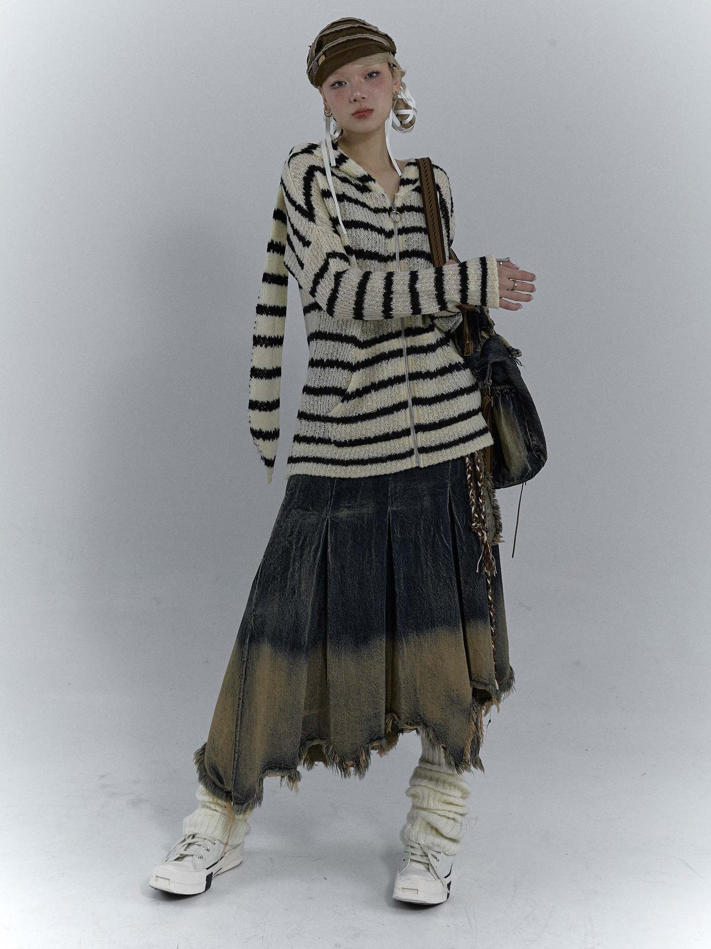 Autumn New Cute Rabbit Ear Hooded Striped Loose Casual Knitted Coat