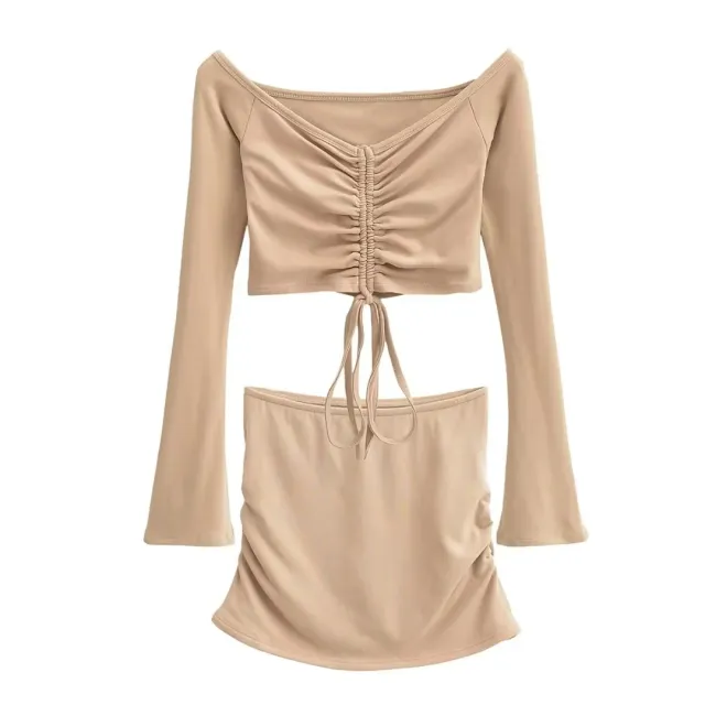 Solid color Drawstring Pleated Wrap Skirt And Top Set For Women Apricot - Shop at LoveMi