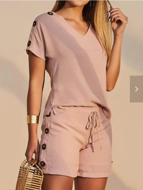 New V neck Solid Color Casual Shorts Two piece Suit Sleeping Pink - Shop at LoveMi