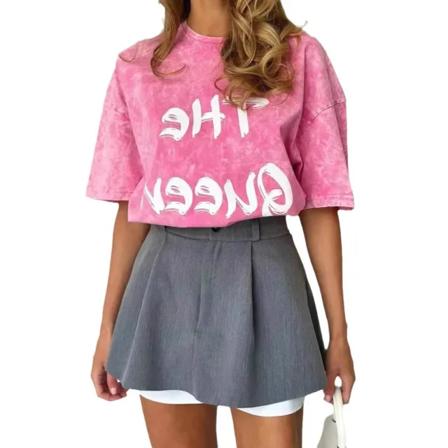 American Round Neck Printed Letter Design Distressed T shirt Washed Rose Red - Shop at LoveMi