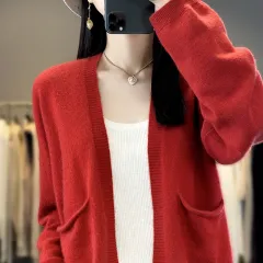 Spring And Autumn New Cardigan Solid Color And V-neck Thin Loose Slimming And All-matching Coat With Pocket - Red - View 1