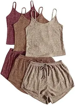 Women's Rib Knitted Crop-top Spaghetti-strap Lace-up Shorts Suit - Khaki Brown Red - View 1