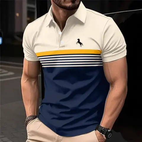 Men's Casual Striped Color Block Design Sports Style Collar