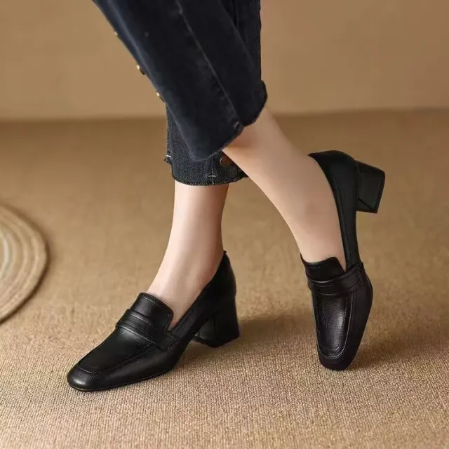 Women's Spring And Autumn New Medium Chunky Heel Soft Bottom Leather Shoes Black - Shop at LoveMi