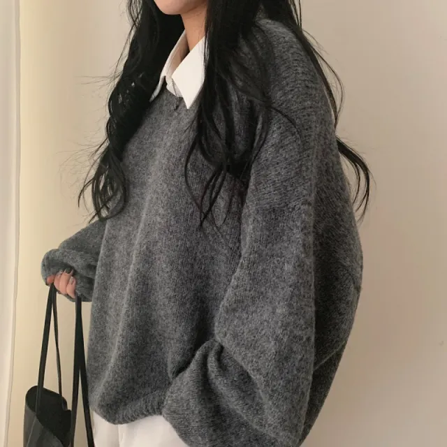 Women's V neck Solid Color Pullover Long Sleeve Sweater Charcoal Gray - Shop at LoveMi