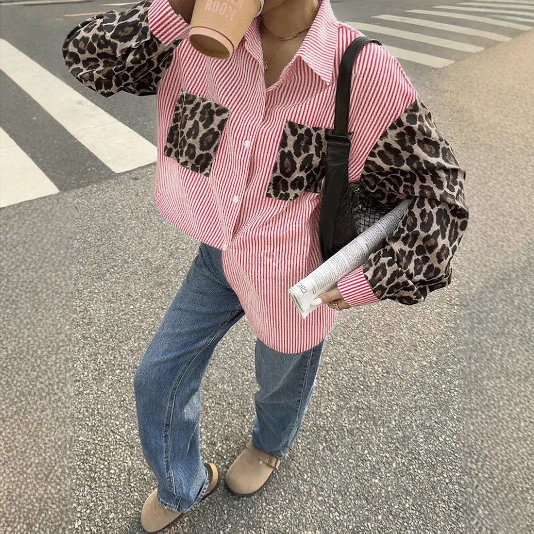 Womens Loose Casual Leopard-Print Patchwork Striped Pocket Long-Sleeve Shirt For Amazon