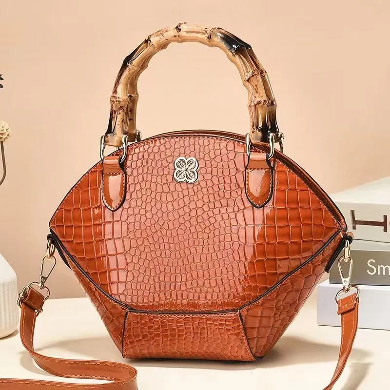 Retro Bamboo Handbag Shoulder Bag Crossbody - Khaki
