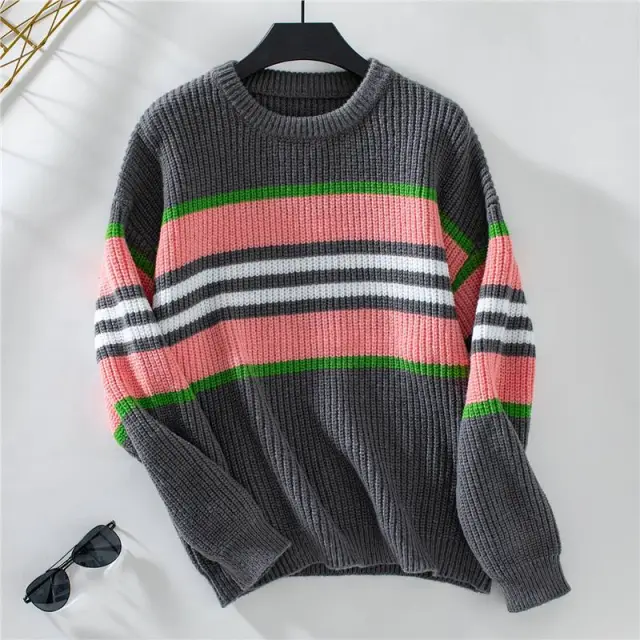 Drizzling Rainbow Striped Pullover Women's Sweater Gray - Shop at LoveMi