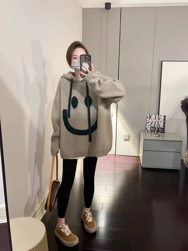 Soft Glutinous Beige Smiley Face Hooded Sweater Women's Autumn And Winter New Lazy Beige - Shop at LoveMi