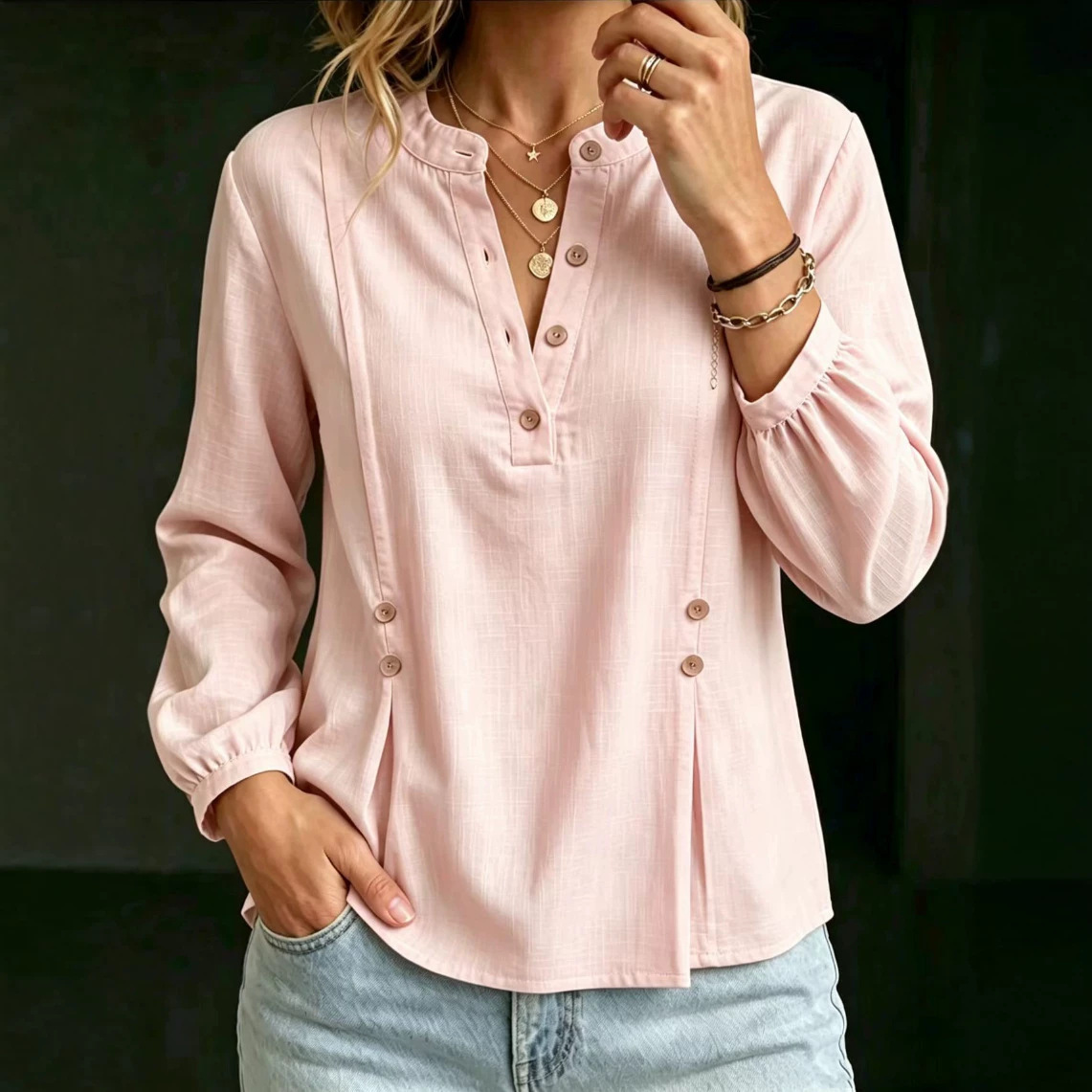 Women's Cotton-linen Mandarin-collar Long-sleeve Shirt