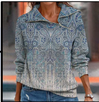 New Printed Long sleeved Zipper Sweater For Women Blue - Shop at LoveMi