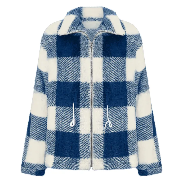 Women's Long sleeved Plaid Lapel Zipper Plush Coat Dark Blue - Shop at LoveMi