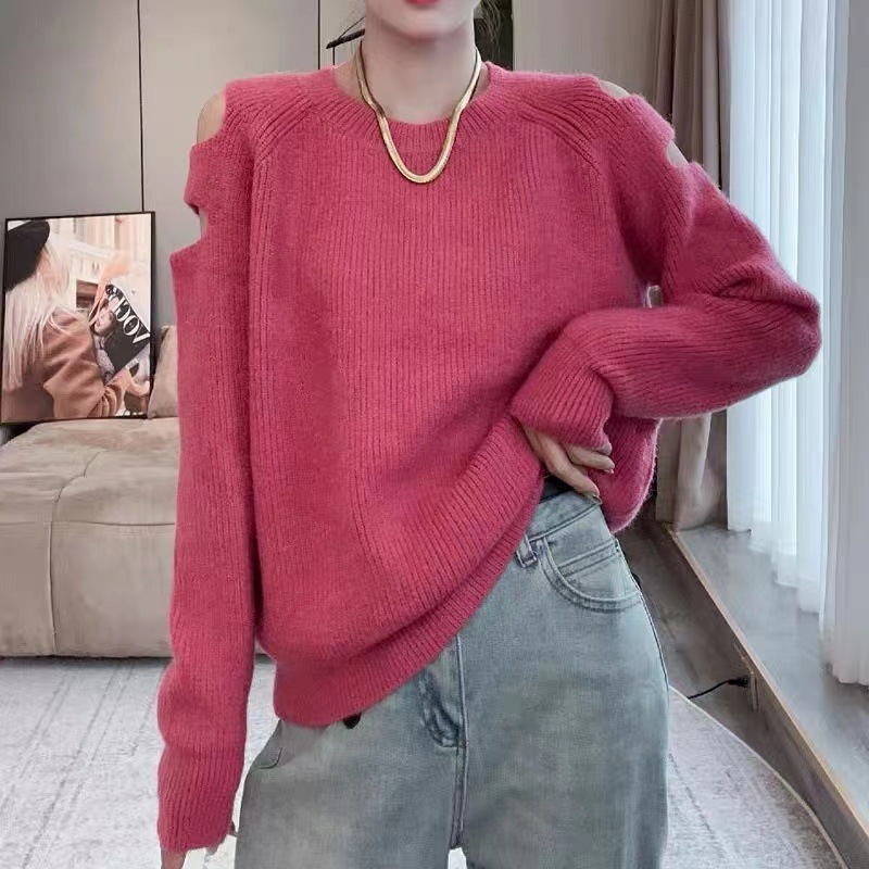 Schulterfreier Strickpullover – Farbvariante Rot