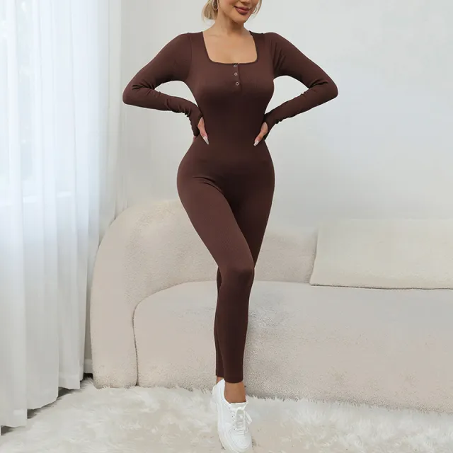 Square Collar Long Sleeve Thread Seamless Yoga Bodysuit Coffee - Shop at LoveMi