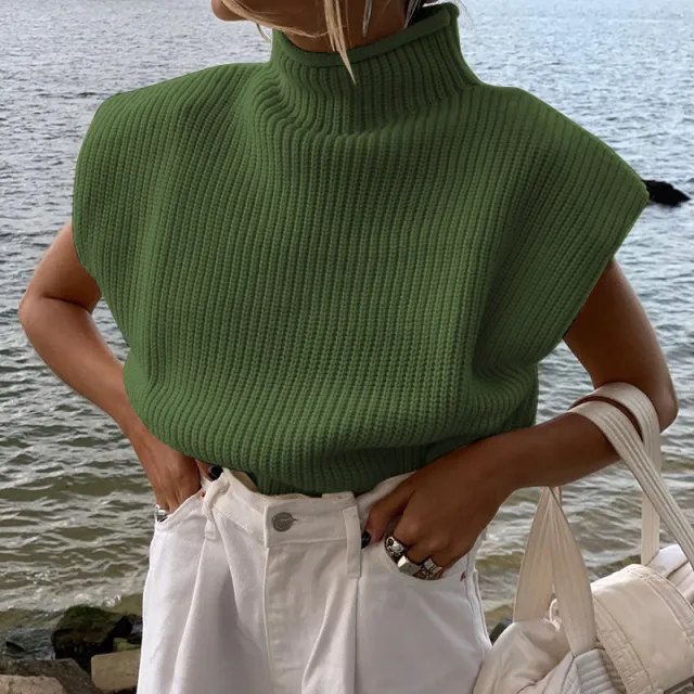 Women's Solid Color Turtleneck Sweater With Short Sleeves Top Green - Shop at LoveMi
