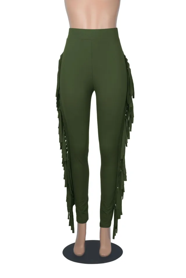 Spring And Autumn New European And American Women's Clothing Tight High Waist Tassel Bandage Pants Army Green - Shop at LoveMi