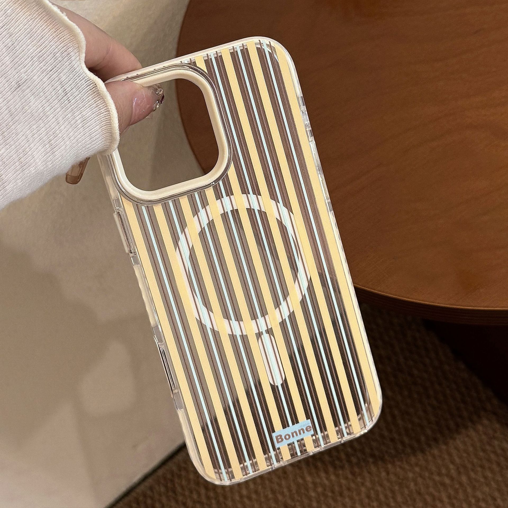 Striped Magnetic Transparent Phone Case With Rotating Bowknot Stand