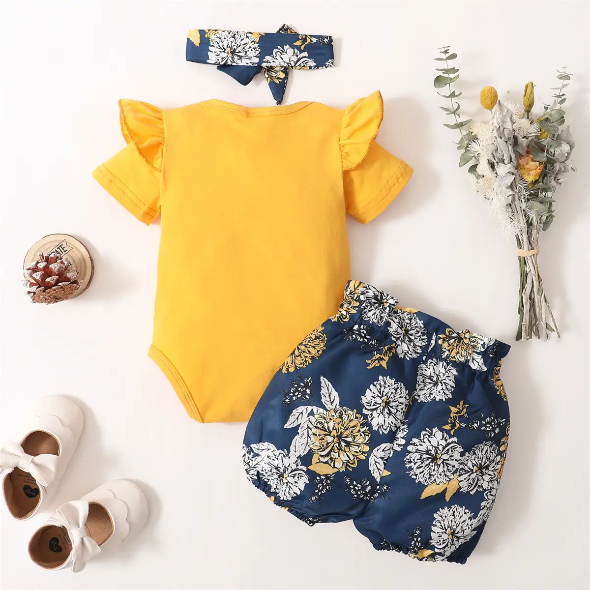 Spring And Autumn Yellow Short Sleeve Romper Floral Shorts Headscarf Three-piece Set