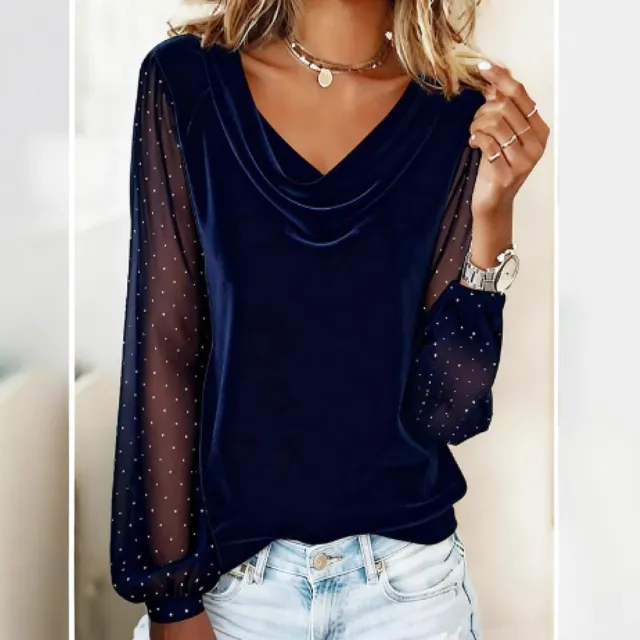 Women's Long Sleeve V neck Velvet T Shirt Women Elegant Diamond Mesh Sleeve Loose Tee Tops Christmas Clothes Women Shirt Red Blue - Shop at LoveMi