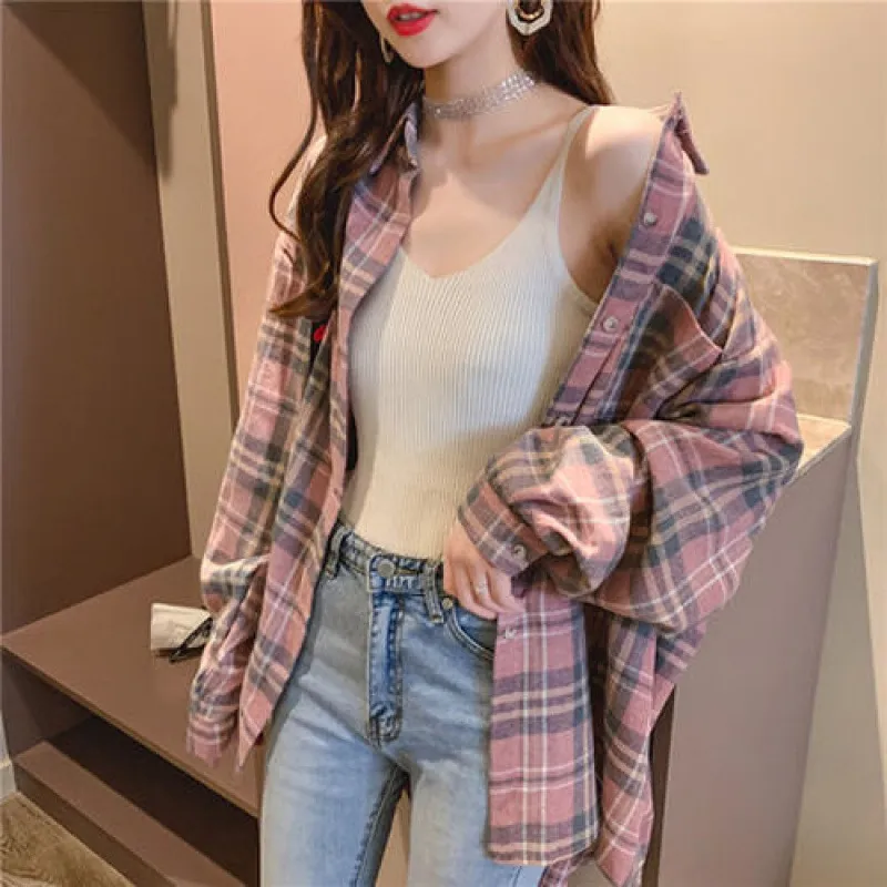 Spring New Plaid Shirt Women - Pink