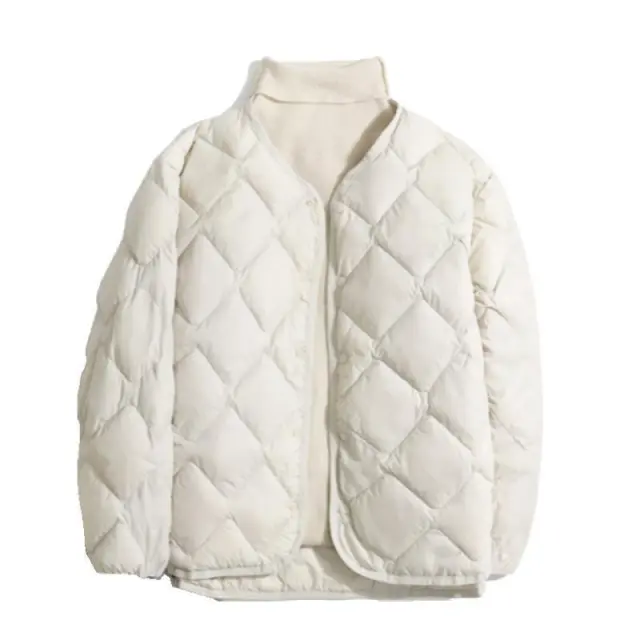 Women's Short Liner Plus Size Diamond Lattice White Duck Down V neck Coat White - Shop at LoveMi