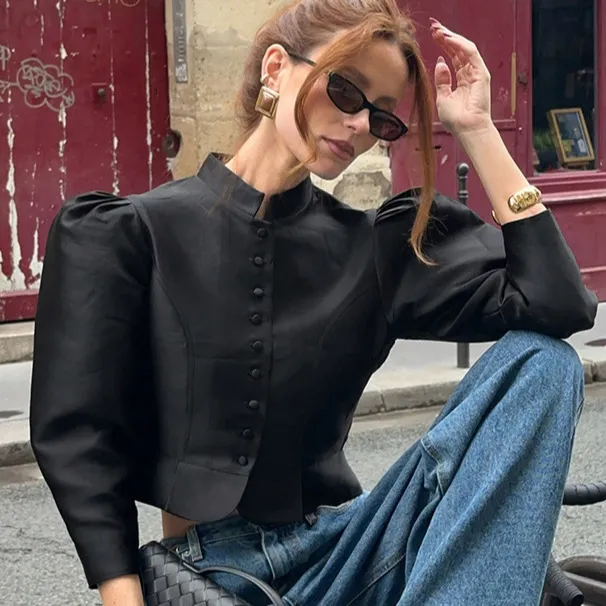 Women's Stand Collar Puff Sleeve Elegant Shirt Black - Shop at LoveMi