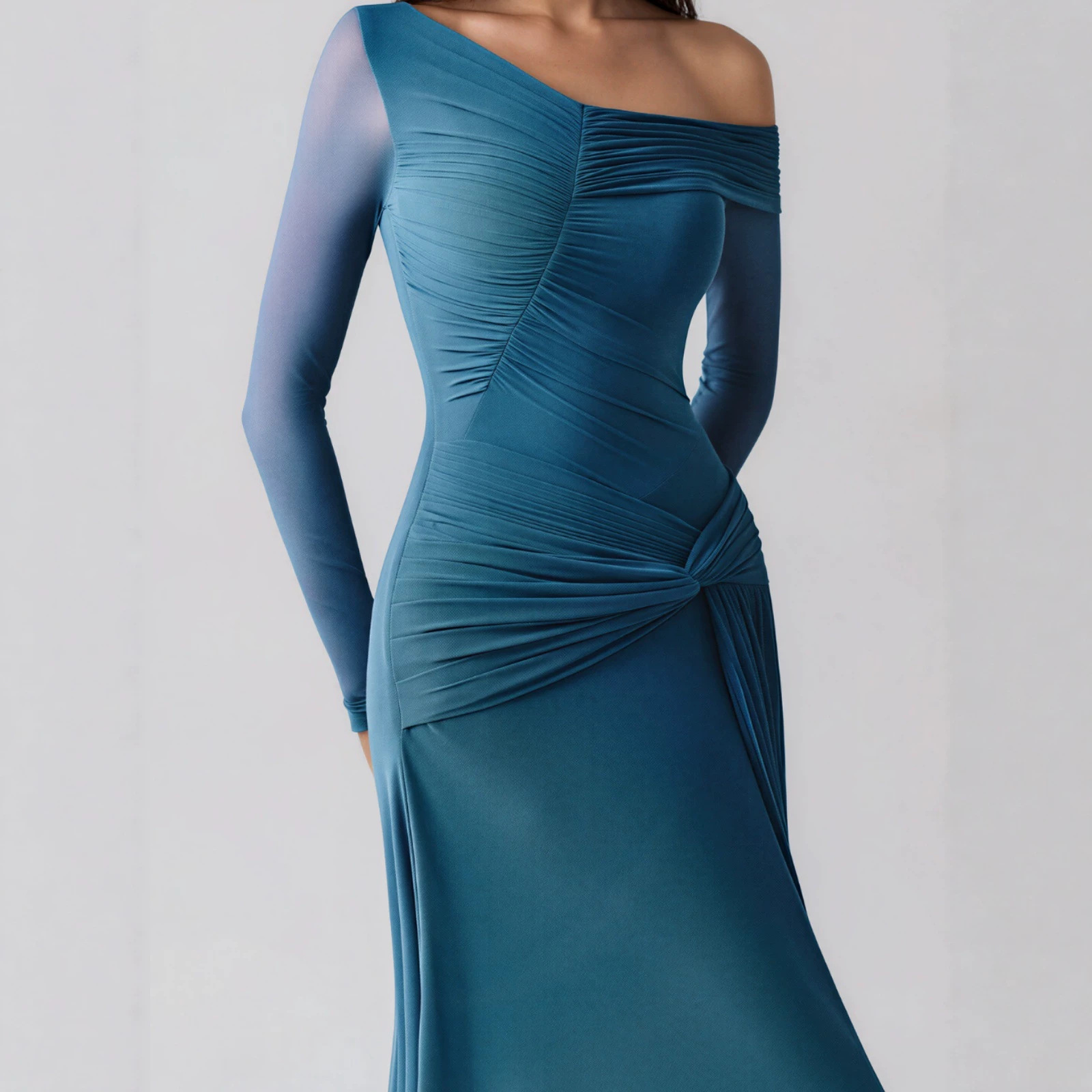 Asymmetrical One-Shoulder Sheer Mesh Mermaid Dress With Side-Twist Ruching And A Waist Cinch For Women 4