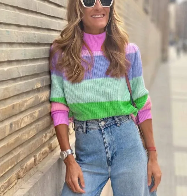 Autumn And Winter Turtleneck Pullover Contrast Color Long Sleeves Loose Sweater Top Purple - Shop at LoveMi