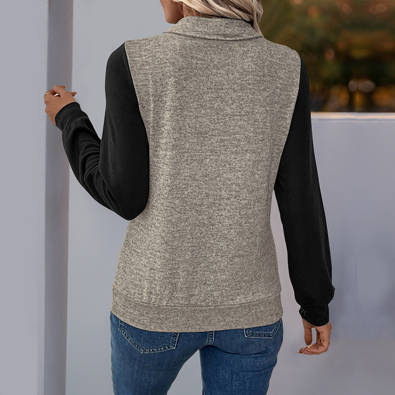 Women's Cardigan Button Color Stitching Stand-collar Sweater - Image 3