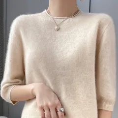 Spring Style Front Line Ready-made Garments Pure Wool Sweater Round Neck Curling Half Sleeve - Raw Velvet Rice-Xxl - View 1