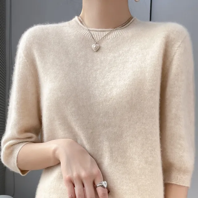 Spring Style Front Line Ready made Garments Pure Wool Sweater Round Neck Curling Half Sleeve Raw Velvet Rice - Shop at LoveMi