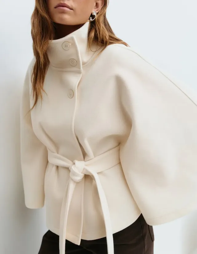 Winter High Neck Batwing Sleeve Coat With Belt Fashion Loose Elegant Button Top Trench Coat For Women Clothing White - Shop at LoveMi