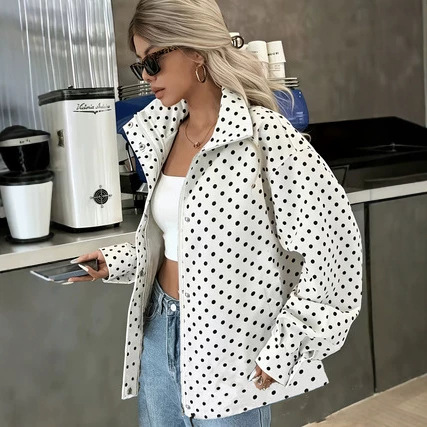 Polka-dot Printed Woven Craft Relaxed-fit Short Coat
