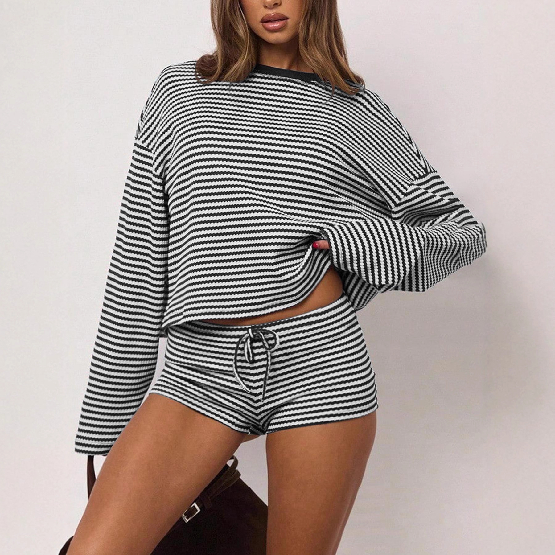 Casual Sporty Loose-fitting Striped Long-sleeve Top And Drawstring Shorts