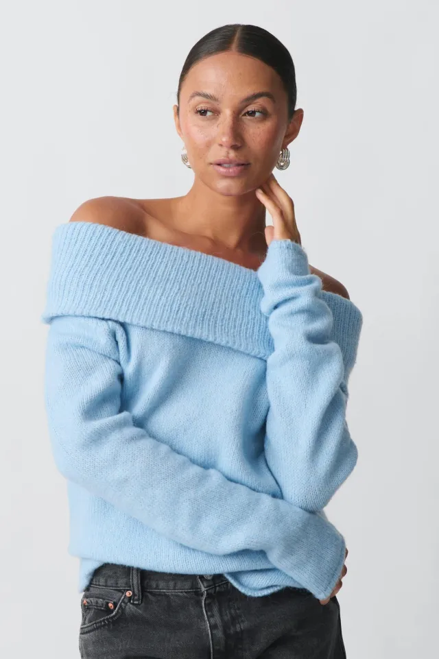 Sexy All matching Sweet Off shoulder Lapel Sweater Blue - Shop at LoveMi