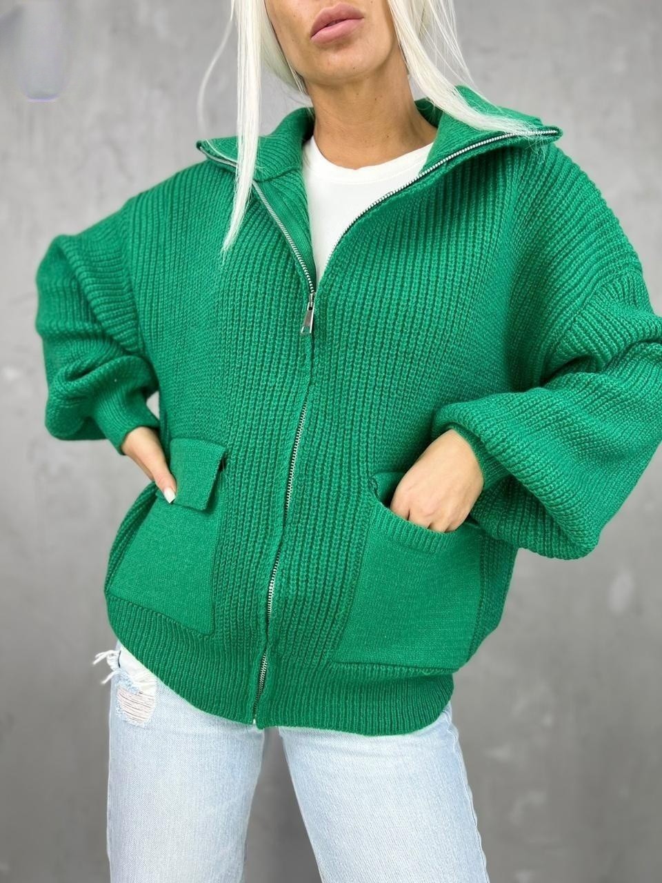 Women's Fashion Casual Zipper Long sleeved Knitted Cardigan Green - Shop at LoveMi
