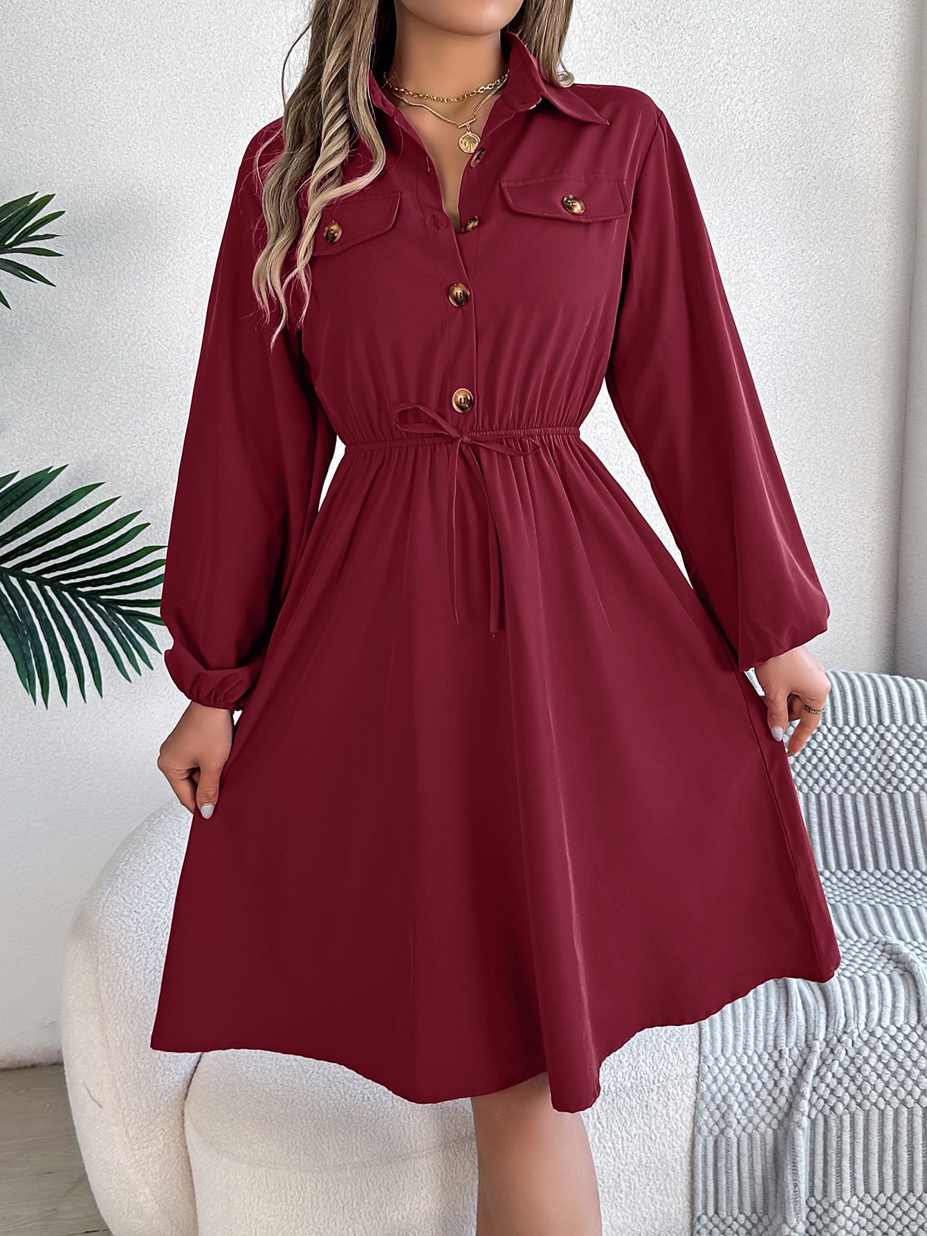 Womens Casual Buttoned Lace-Up Waist-Cinching Long-Sleeve Dress