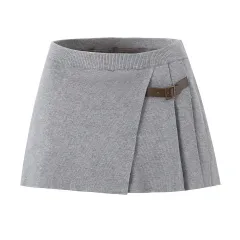 Slim Breasted Knitted Cardigan High Waist Leather Ring Pleated Skirt - Gray Skirt 6532 - View 1