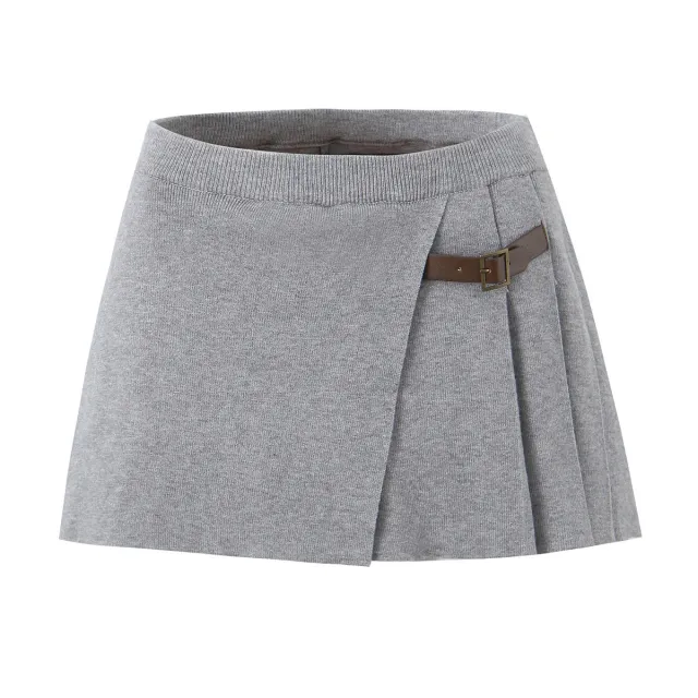 Slim Breasted Knitted Cardigan High Waist Leather Ring Pleated Skirt Gray Skirt 6532 - Shop at LoveMi