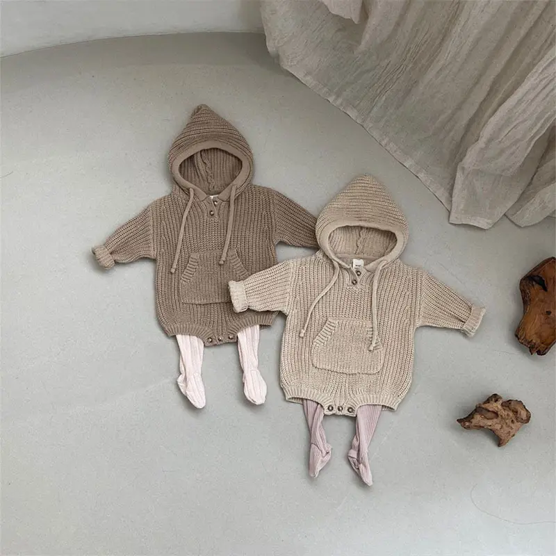 Baby Boys And Girls Pocket Hooded Knitted Jumpsuit Romper