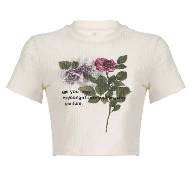 Round Neck Vintage Rose Print Texture Plaid Midriff baring Short Sleeve Rose - Shop at LoveMi