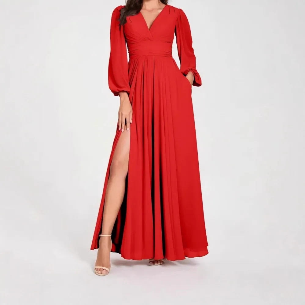 Solid Colour V Neck Slit Long Sleeve Pleated Elegant Maxi Dress - Red
