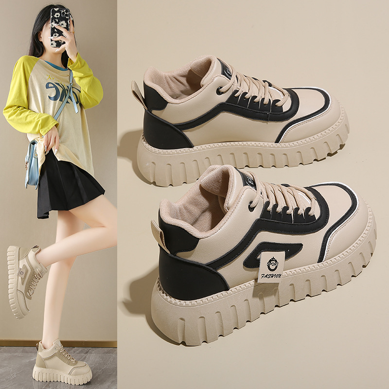Breathable High-top White Shoes For Women Versatile Chunky-soled Athletic-casual Style