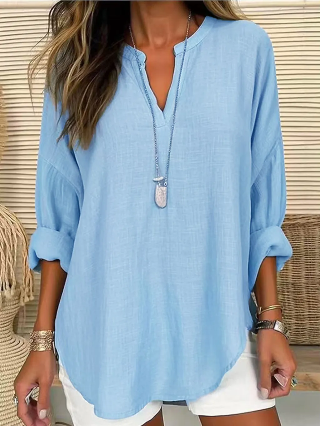 Women's Casual V-neck Cotton And Linen Solid Colour Shirt - Blue